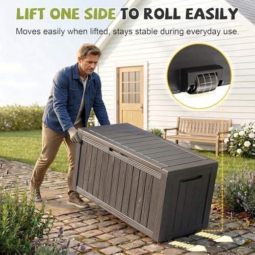 outdoor waterproof resin storage deck box lockable outside shown in use