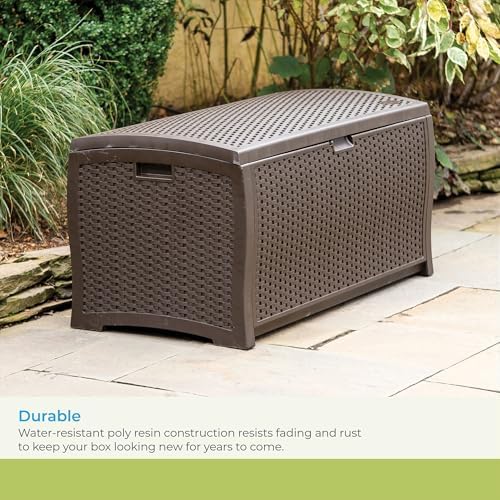 suncast 99 gal wicker resin deck box, storage showing dimensions