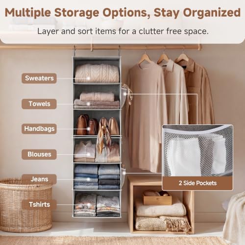 storageworks hanging closet organizer, 6-shelf with 2-in-1 design, front angle view