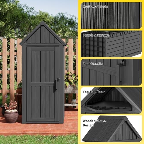 fancyango outdoor resin storage cabinet sturdy all-weather shed on a desk or shelf