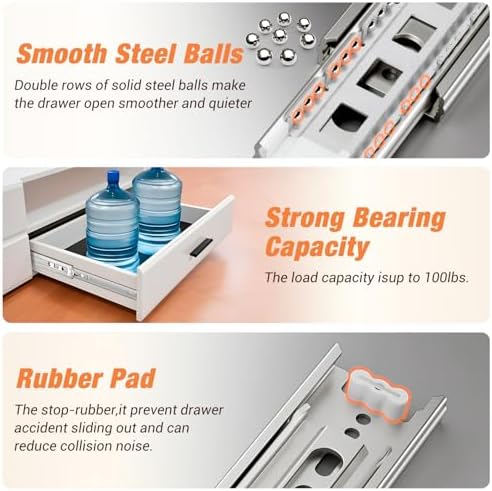 drawer slides ball bearing 3 folds full extension, front angle view