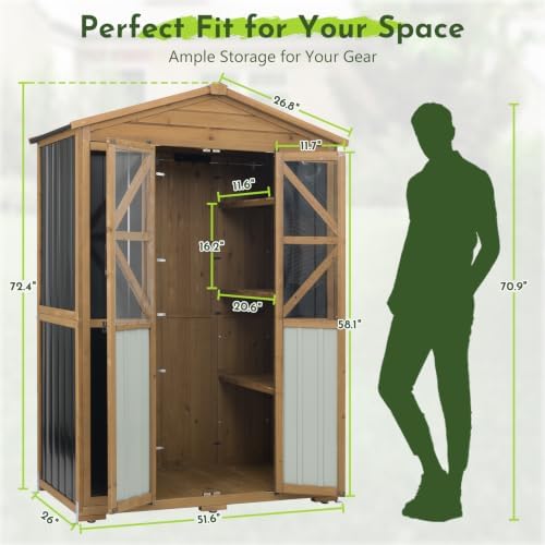outdoor wooden storage shed cabinet with 6 adjustable showing dimensions