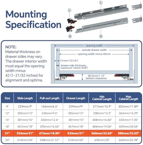 tobegreat 21 inch undermount soft close drawer slides, close-up detail