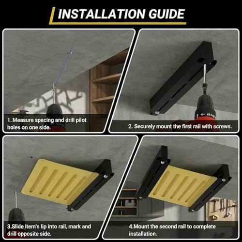 overhead garage storage rack, ceiling mounted tote storage showing dimensions