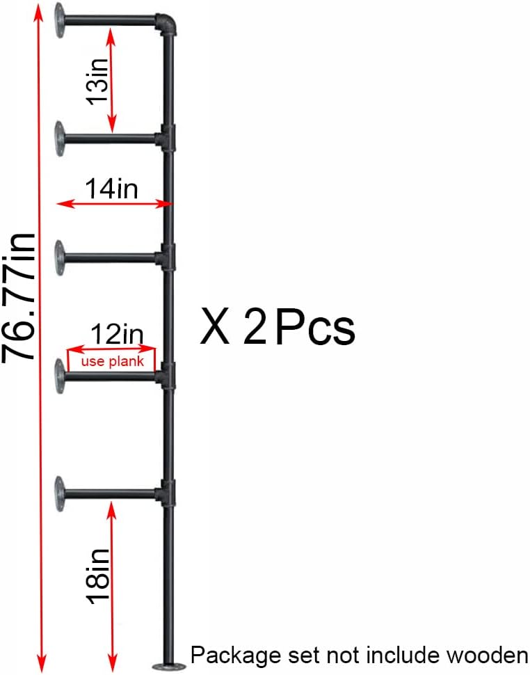 (77"tall,14"deep,2pcs) industrial retro wall mount iron pipe shelf,diy, close-up detail