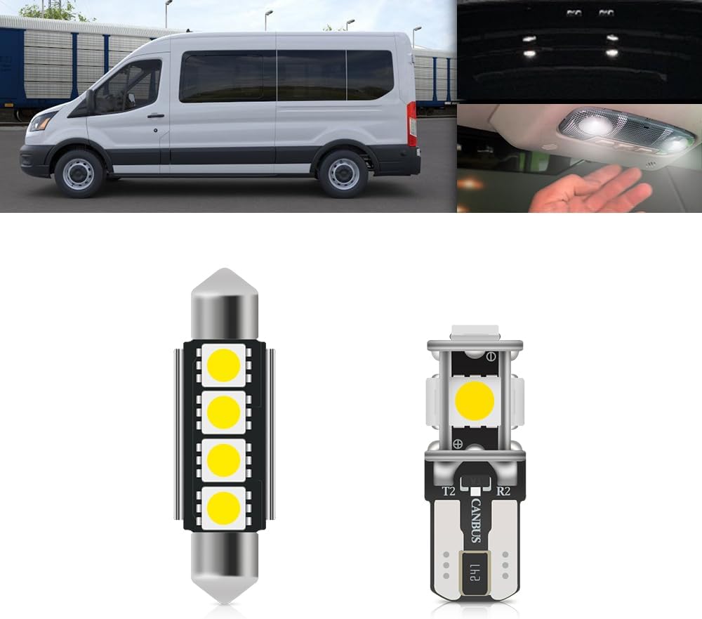 7PCS LED Interior Dome Cargo Light Replacement Kit Led for 2015-2024 F-ord Transit Cargo Van 150 250 350 350HD Map Dome Rear Load Area Luggage Compartment Lights T10 42mm Festoon Bulb Kit Set