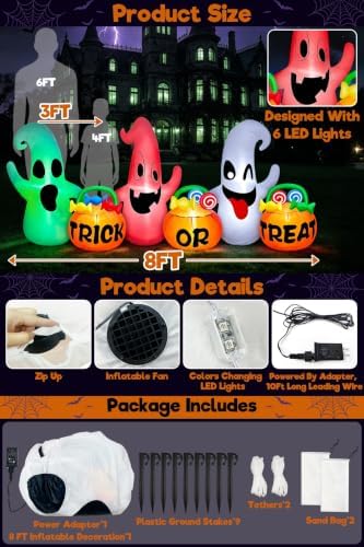 8 Ft Halloween Inflatable 3 Ghosts with Trick or Treat Pumpkin Candy Bags