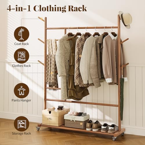 yoobure solid wood clothing rack, 4-in-1 wooden clothes, side view