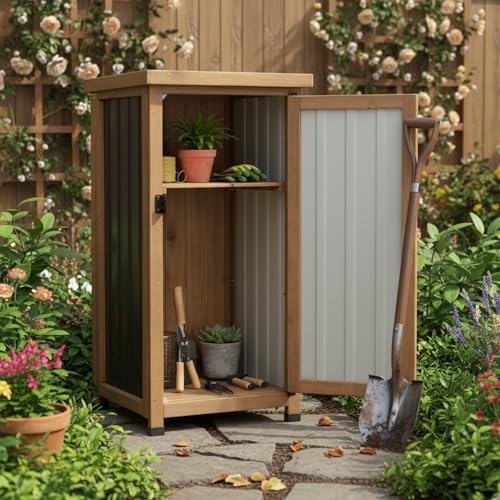 small outdoor storage cabinet, wood & metal storage shown in use