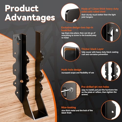 black joist hangers 2x10, 18 gauge rafter brackets shown in use