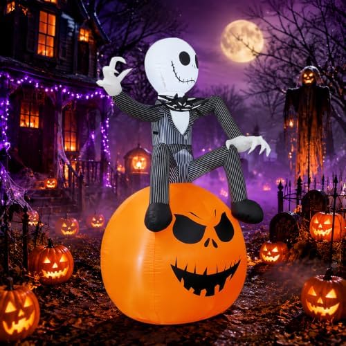 6Ft Inflatable Halloween Yard Decoration - Outdoor Blow Up Skeleton & Pumpkin Decoration - Built-in LED Lights for Halloween Lawn Outdoor Decoration