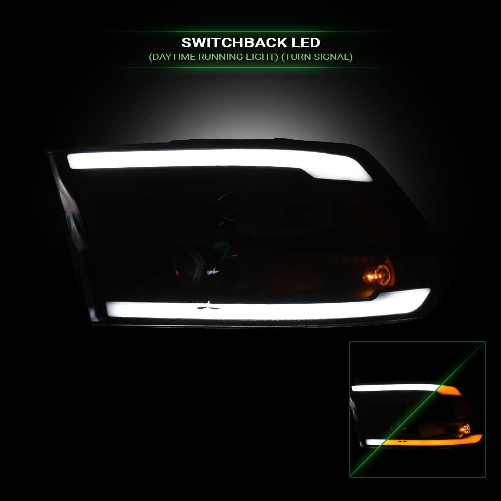 Switchback Sequential LED Strip Tube Bar Black Housing Projector Headlights Signal Lamps Amber Reflector nb Compatible With 09-18 Dodge Ram 1500/19-24 Classic / 10-18 2500 3500