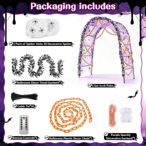 7Pcs Halloween Outdoor Arch Decor, 1 Arches 20 Spiders 3 Tinsel Garland