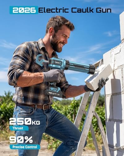 seesii electric caulking gun, upgraded brushless motor w/2 shown in use