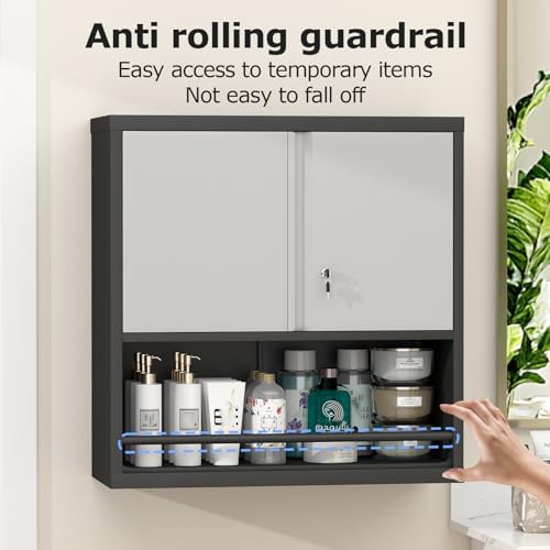 metal wall cabinet, steel floating hanging storage cabinet, side view