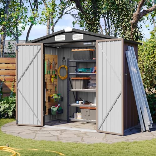 aoxun 6x4 ft outdoor storage shed, brown shown in use