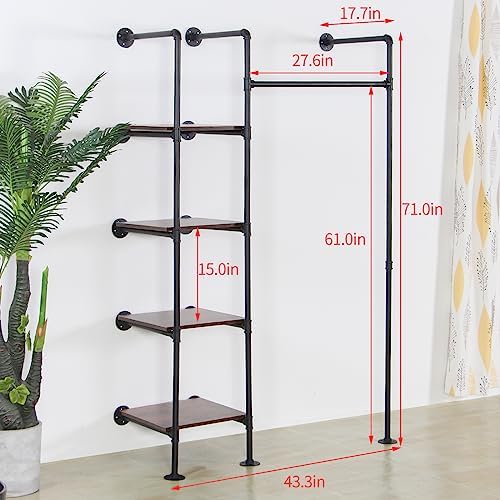 industrial pipe clothing rack with shelves, 71inch wall, side view
