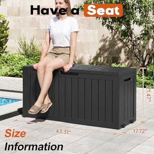 outdoor storage box, resin deck boxes indoor and shown in use
