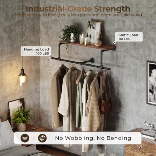 36in industrial pipe clothing rack with top shelf, close-up detail