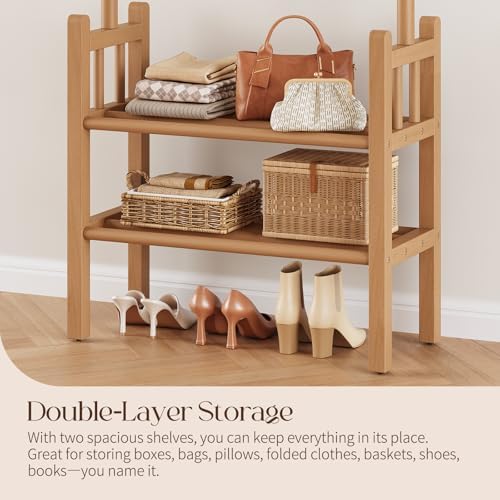 yoobure solid wood clothing rack with shelves, front angle view