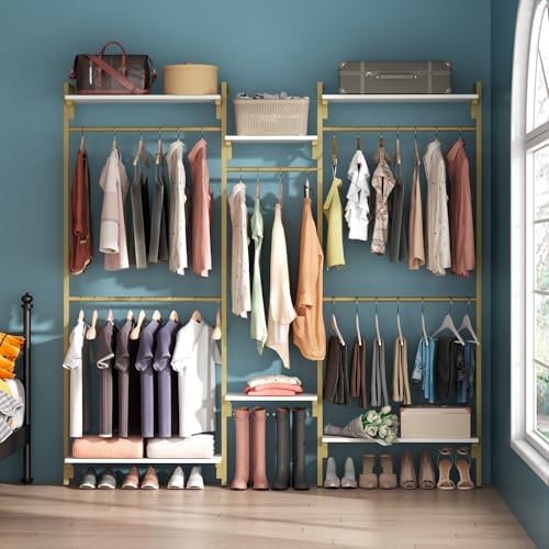 white/gold wall mount clothes rack with 5 hanging showing dimensions