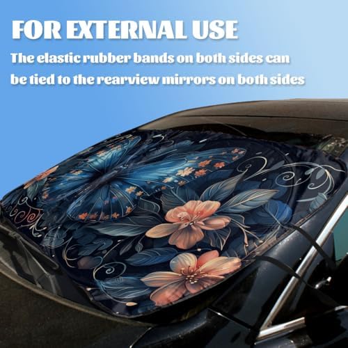 Blue Butterfly Car Windshield Sunshade Folding Retro Flowers Leaves Heatshield Front Window Car Sun Shade Windshield Block UV Rays Sun Shade Visor Protector for Car Sedan Truck SUV Accessories