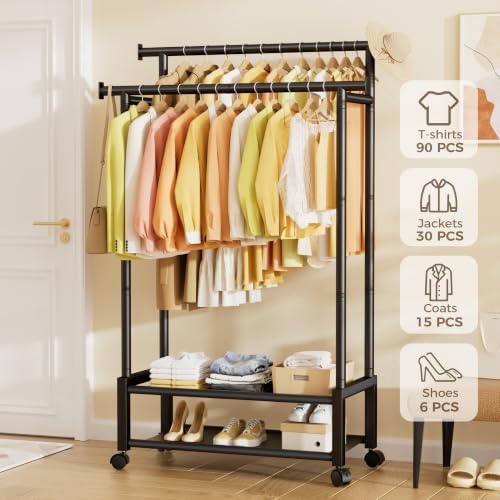 double rod clothing rack with 2 shelves, rolling on a desk or shelf