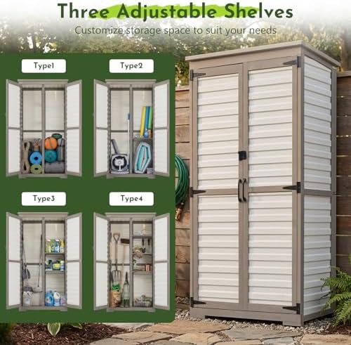 tall outdoor storage cabinet with adjustable shelves, white, front angle view