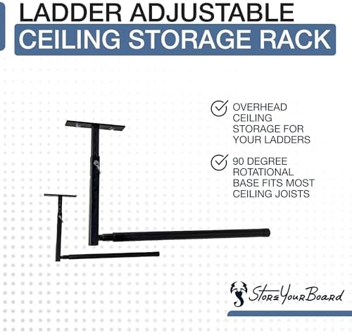 storeyourboard adjustable overhead ladder rack – garage organizer, side view