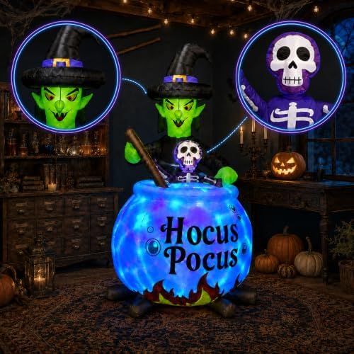 6 FT Halloween Inflatable Witch and Cauldron with RGB Lighted Halloween Blow ...