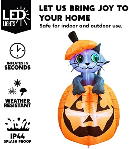 Joiedomi 5 FT Animated Pumpkin Inflatables, Outdoor Blow Up Cat On Pumpkin wi...