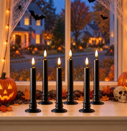 6 Pcs Halloween Black Flameless Taper Paraffin Wax Candles, Remote & Timer