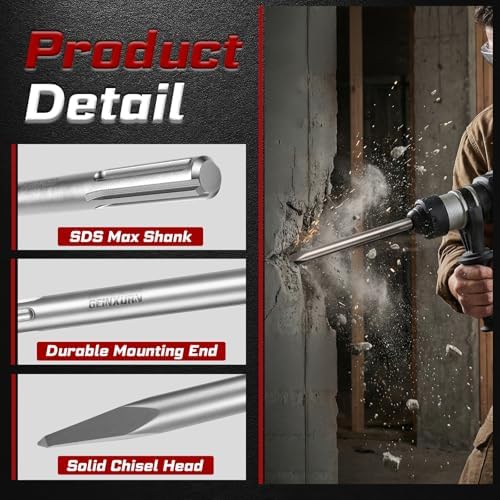 geinxurn sds max chisels, 7pcs 12-inch long masonry, side view