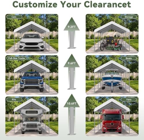 aoxun 10x20 ft heavy duty carport, adjustable height, side view