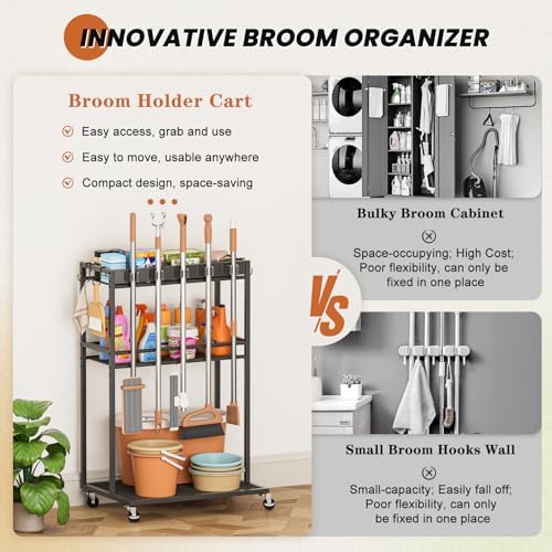broom holder with cleaning supplies organizer, broom closet on a desk or shelf
