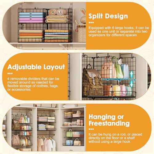 hanging closet organizer with diy spacing, double-row closet, close-up detail