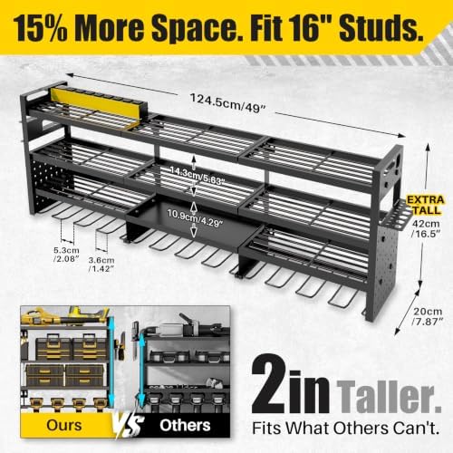 large 49''wide power tool organizer wall mount, charging, side view