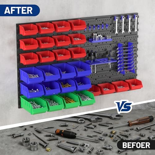 workpro 44pcs wall mounted storage bins for garage on a desk or shelf
