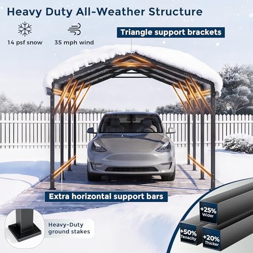 homshade 10x15ft heavy duty metal carport with 132° showing dimensions