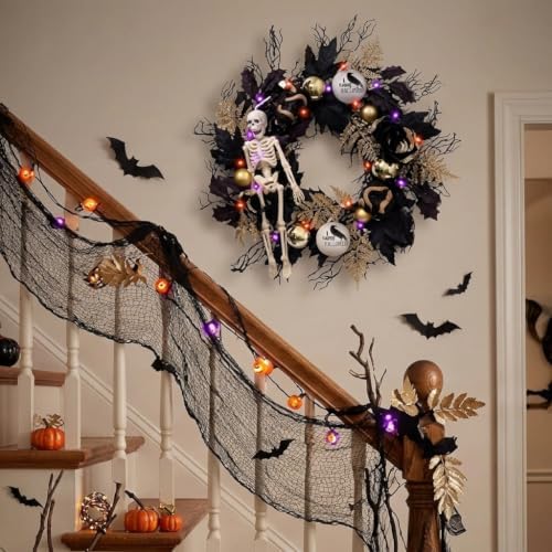 DecorbyHannah 24'' Skeleton Halloween Wreath with Lights for Front Door