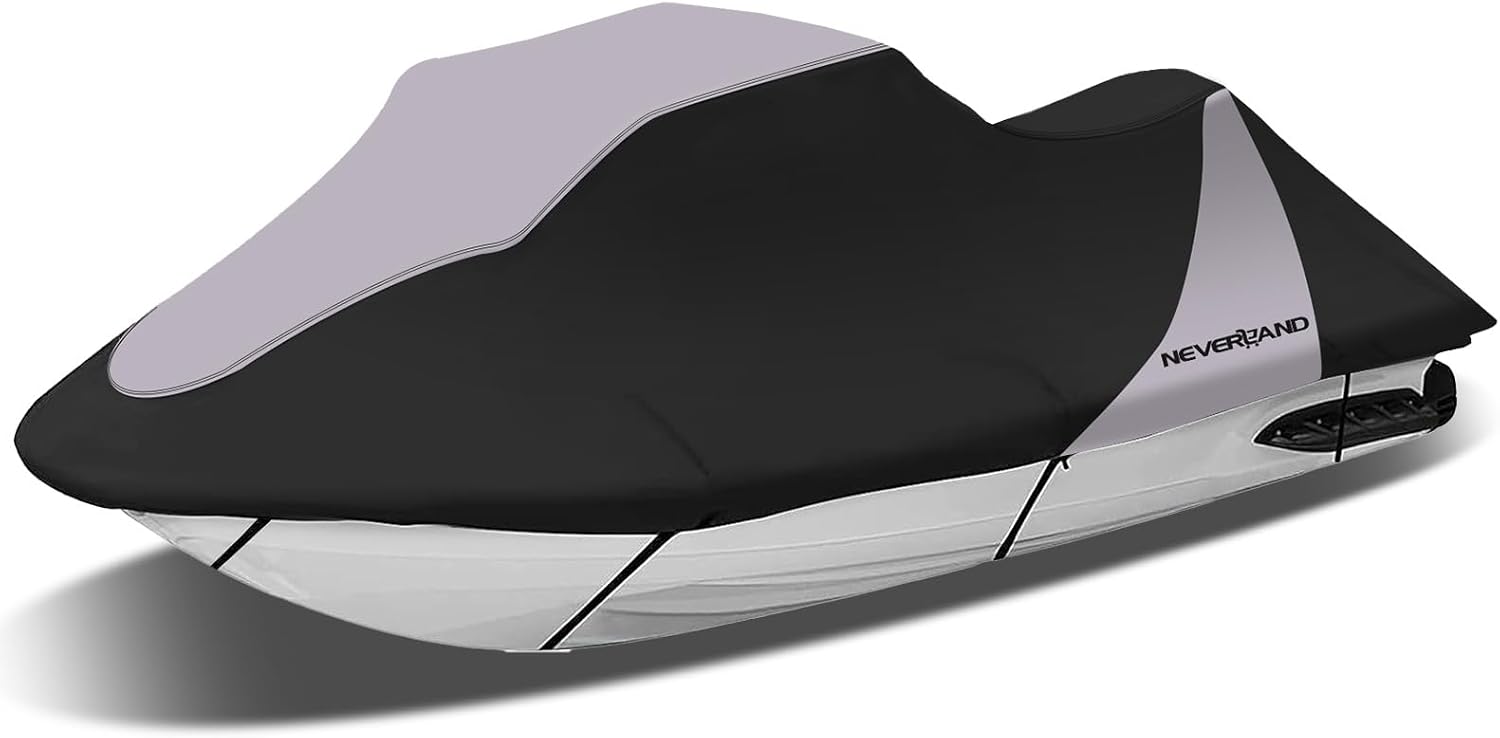 Trailerable Jet Ski Cover Waterproof - 600D Compatible with Yamaha Seadoo, Jetski Covers 2 3 Seater UV Resistant, Heavy Duty Jetski Cover with 2 Air Vents Personal Watercraft Cover 120" to 135"(Grey)