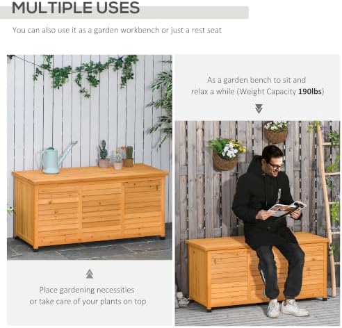 outsunny 75 gallon wooden deck box outdoor storage showing dimensions
