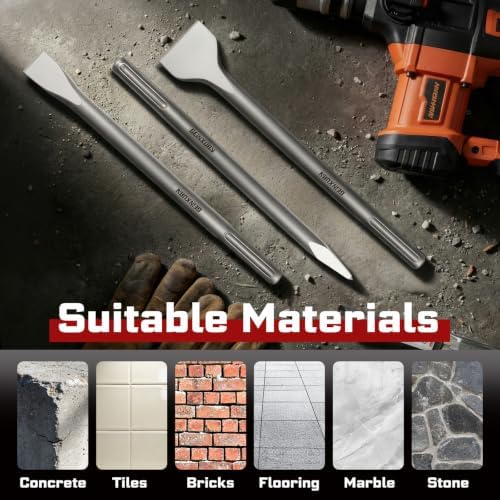 geinxurn sds max chisels, 7pcs 12-inch long masonry, front angle view