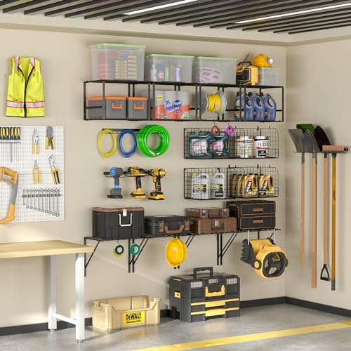 threehio garage shelf wall mounted with wire baskets showing dimensions