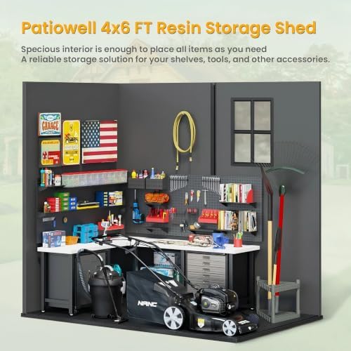 patiowell 4x6 ft resin storage shed with floor on a desk or shelf