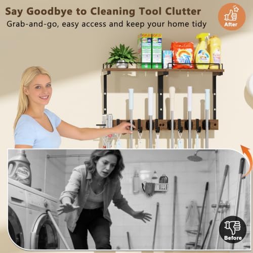 broom and mop organizer wall hanging with cleaning showing dimensions