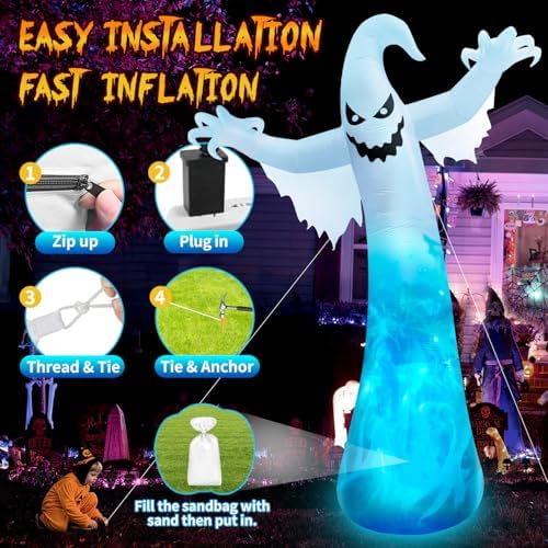 12FT Giant Halloween Inflatables Ghost with 3-Colored Flame Rotation Light