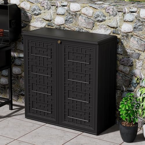 mrosaa outdoor storage cabinet waterproof with shelf,resin storage shown in use