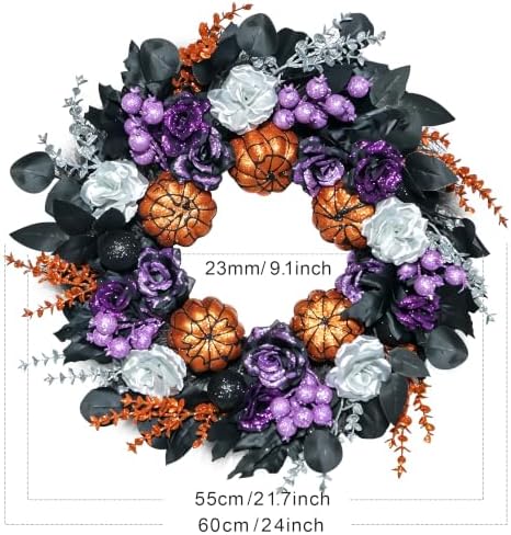 24 Inch Pumpkins Purple Black Halloween Wreaths for Front Door
