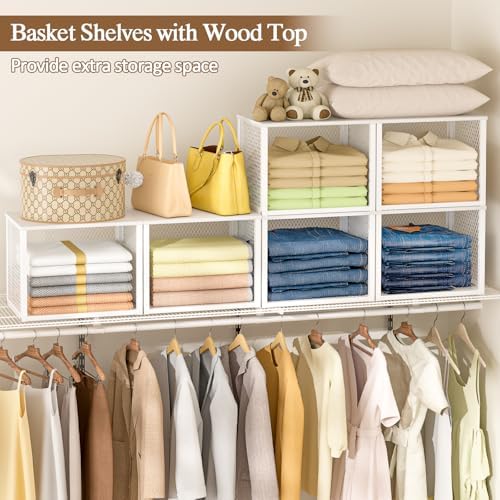 stackable closet organizers and storage basket, closet shelves showing dimensions
